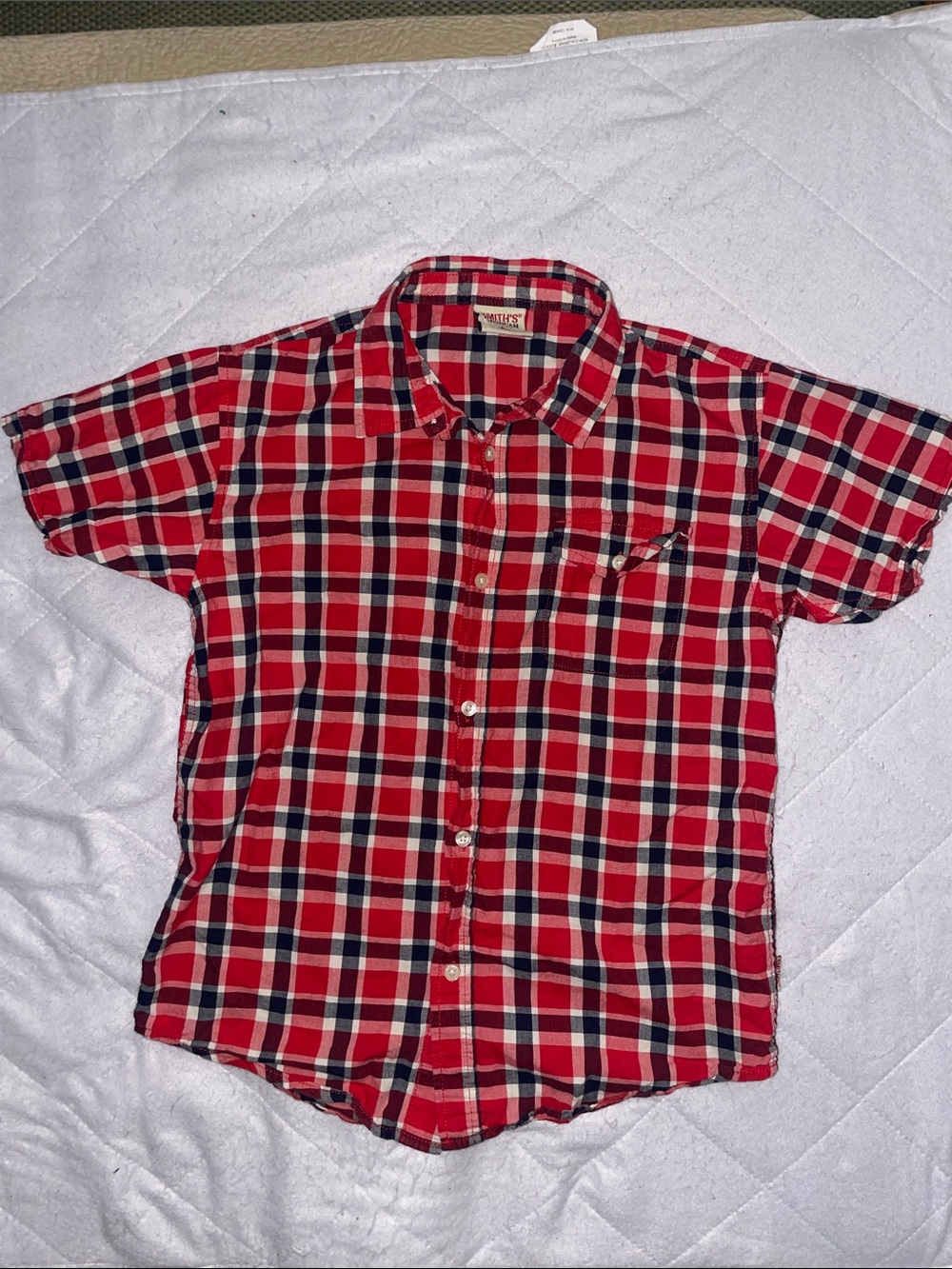 SMITH Red and Navy Plaid Short-Sleeve Button-Down Shirt